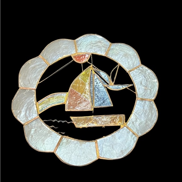 Sailing Boat & Seagull Capiz Shell Round Sun Catcher Window Hanger Beach House - Picture 7 of 7